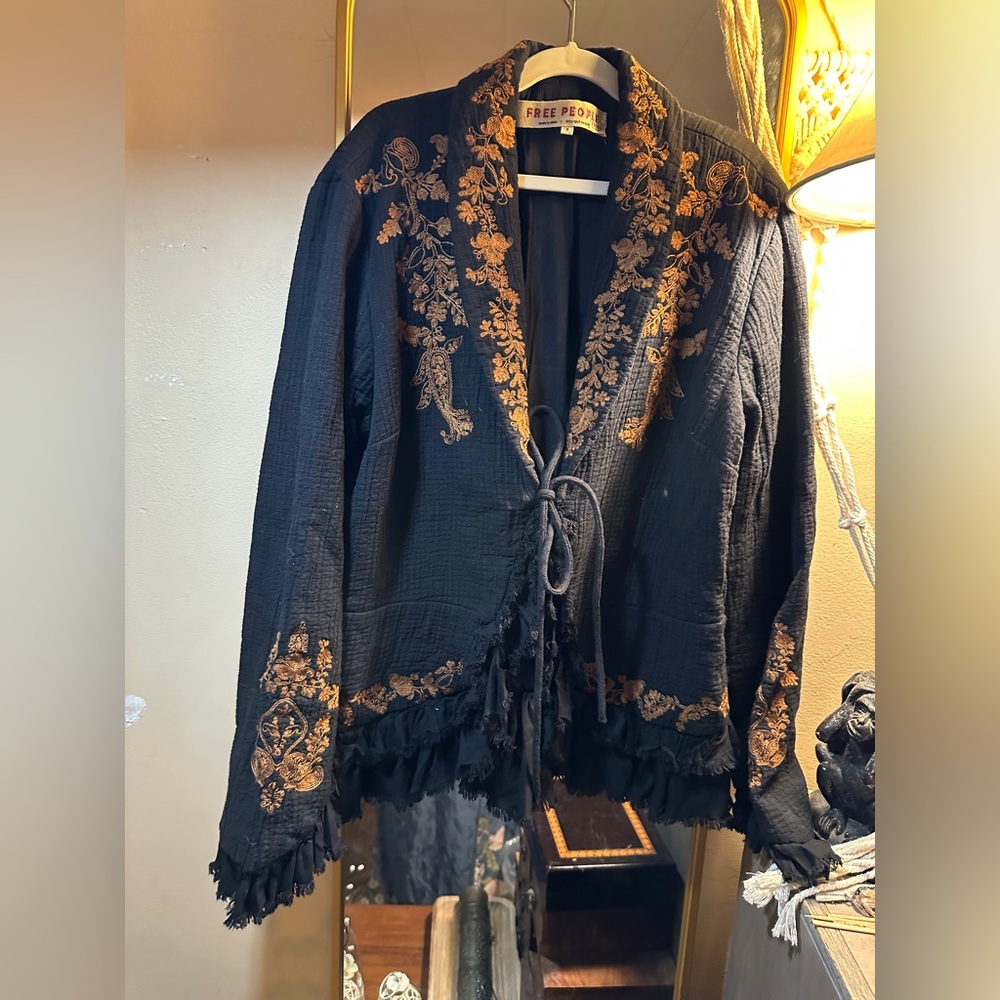 Free People Black and Gold Embroidered Jacket Tie Closure Ruffle Details